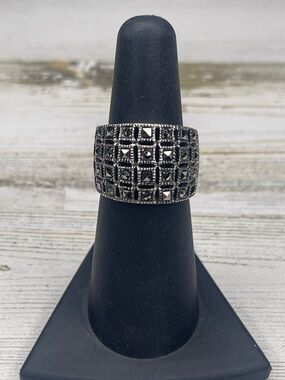 Sterling Silver Marcasite Wide Band Statement Ring Art Deco Style